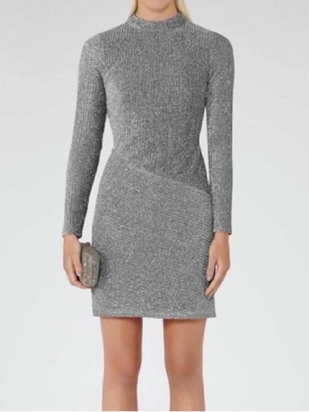 NWT Reiss Candy Silver Metallic Bodycon Mini Long Sleeve Dress - size 8